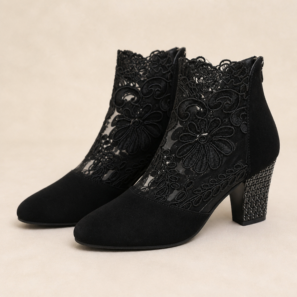 MystiLuxe™ – Floral Lace Block Heel Ankle Boots with Rhinestone Detail