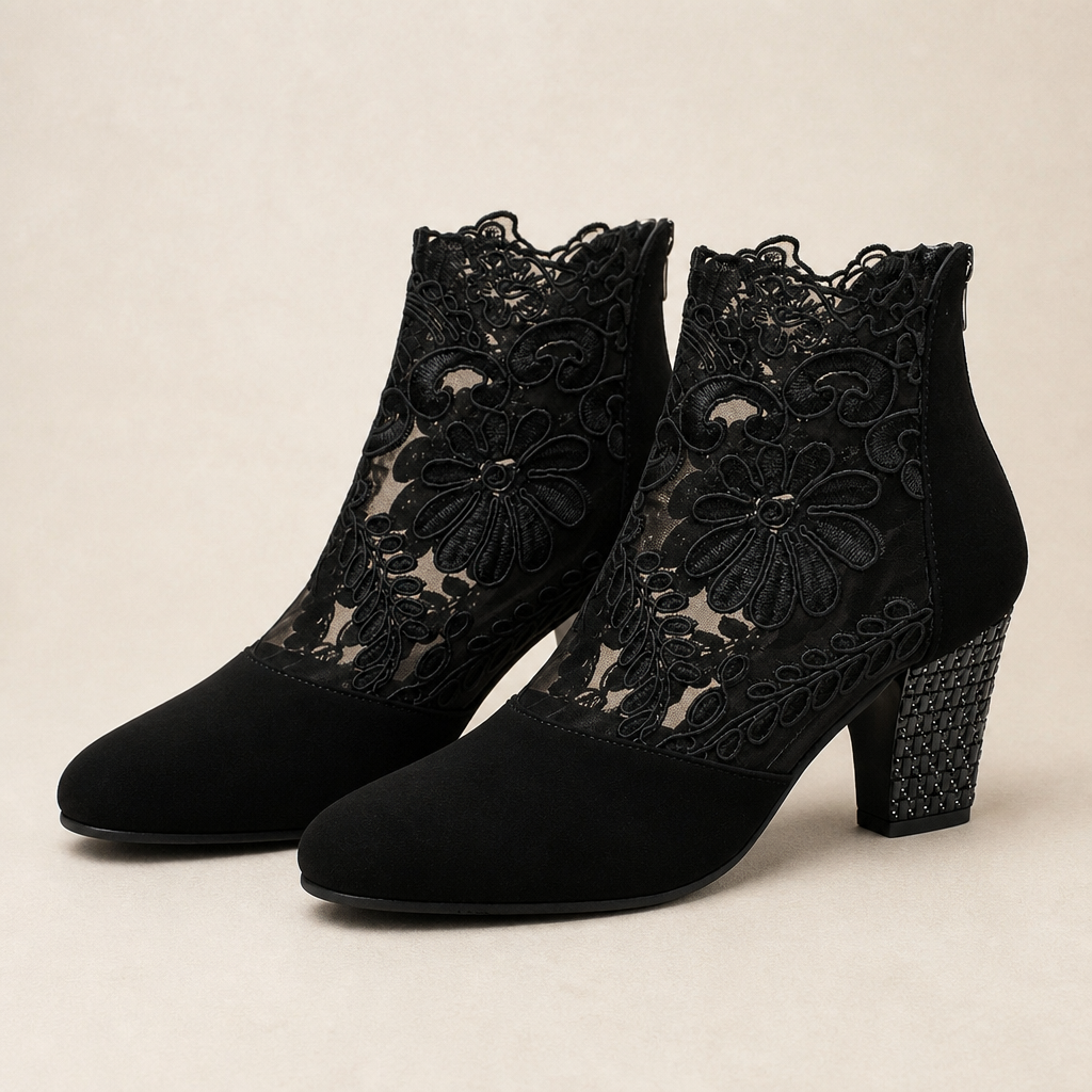 MystiLuxe™ – Floral Lace Block Heel Ankle Boots with Rhinestone Detail