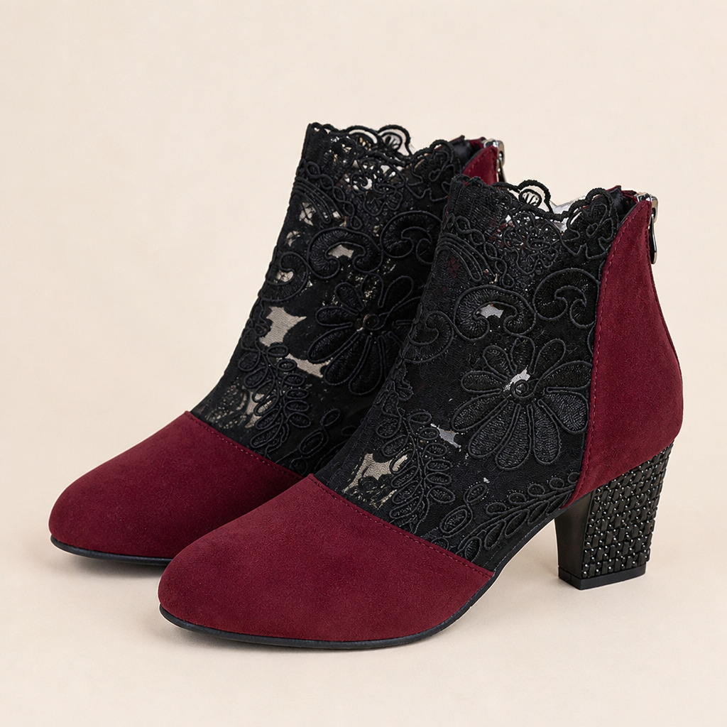 MystiLuxe™ – Floral Lace Block Heel Ankle Boots with Rhinestone Detail