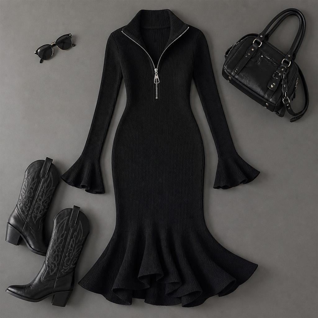VelaFlex™ – Ribbed Knit Mermaid Midi Dress with Quarter-Zip Collar
