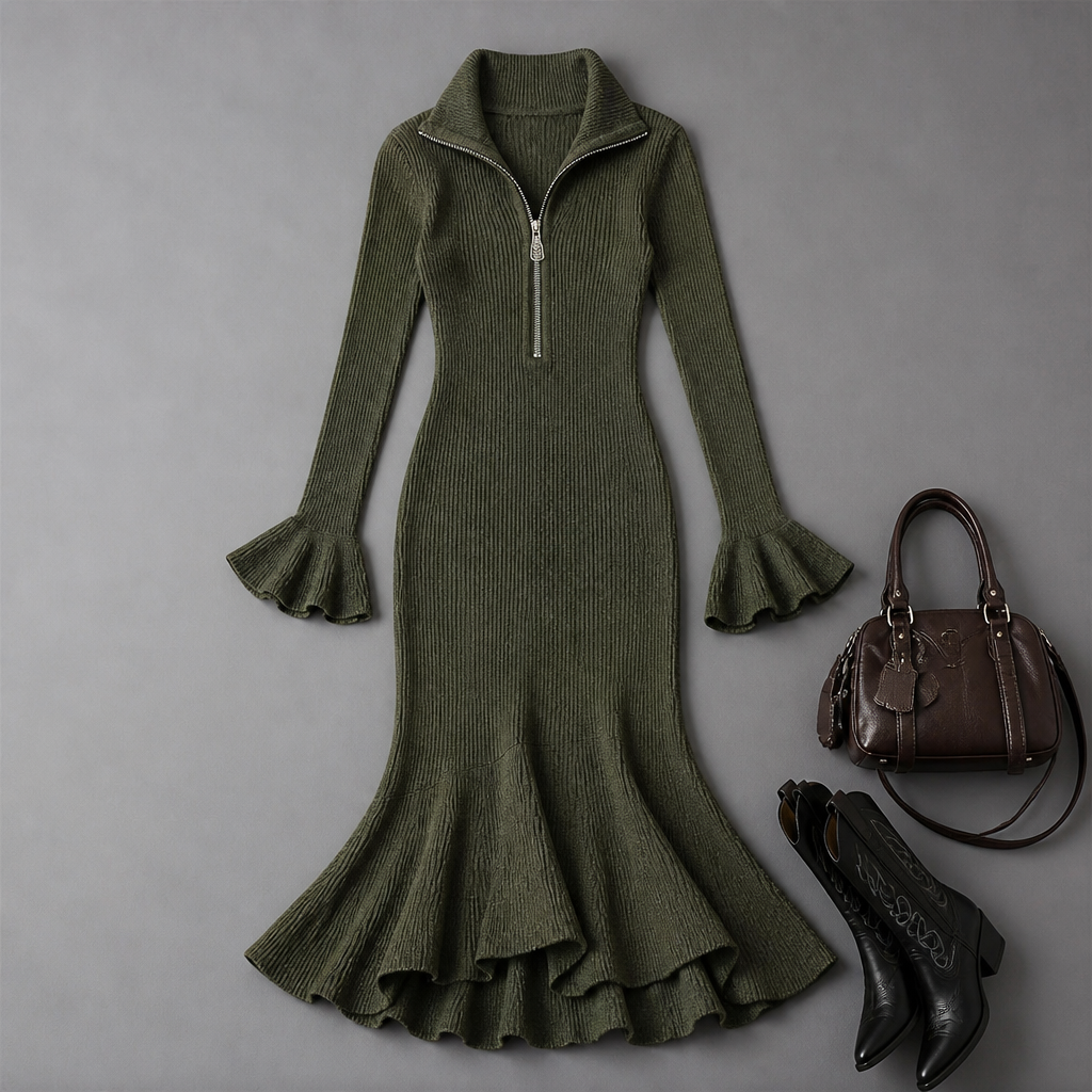 VelaFlex™ – Ribbed Knit Mermaid Midi Dress with Quarter-Zip Collar
