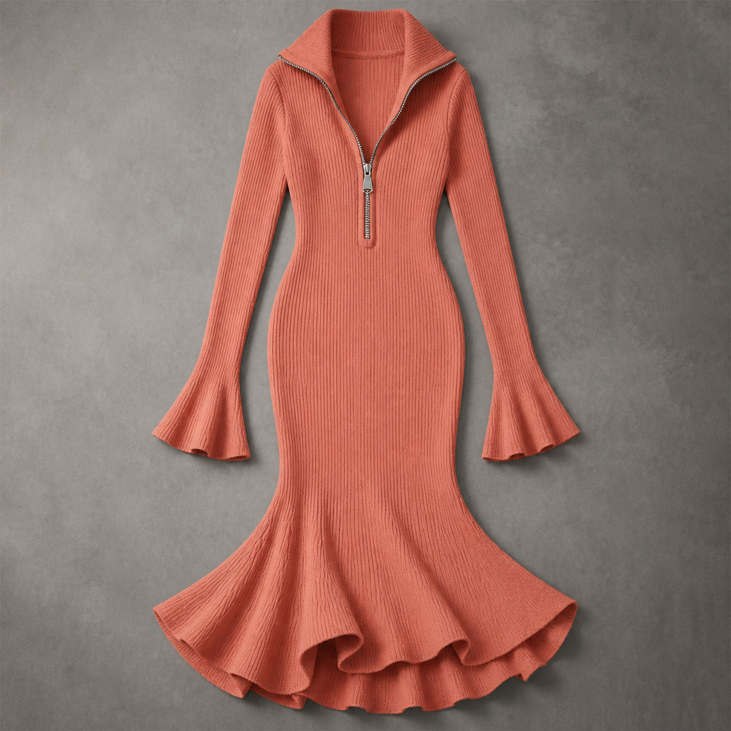 VelaFlex™ – Ribbed Knit Mermaid Midi Dress with Quarter-Zip Collar