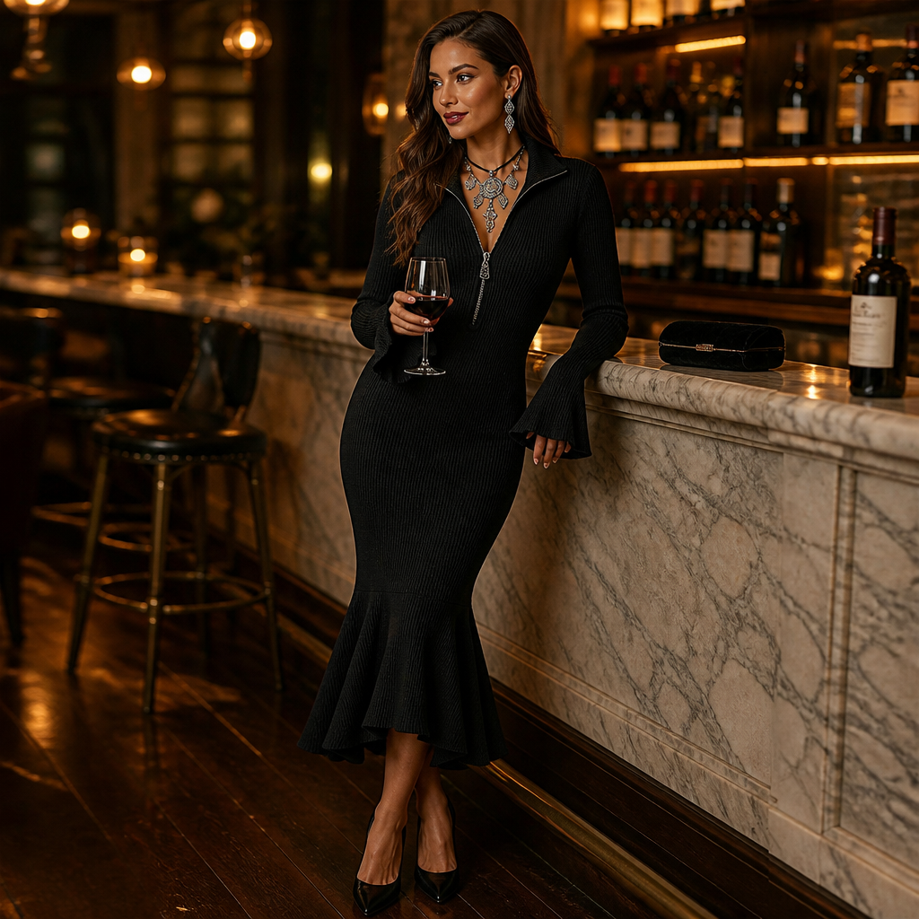 VelaFlex™ – Ribbed Knit Mermaid Midi Dress with Quarter-Zip Collar