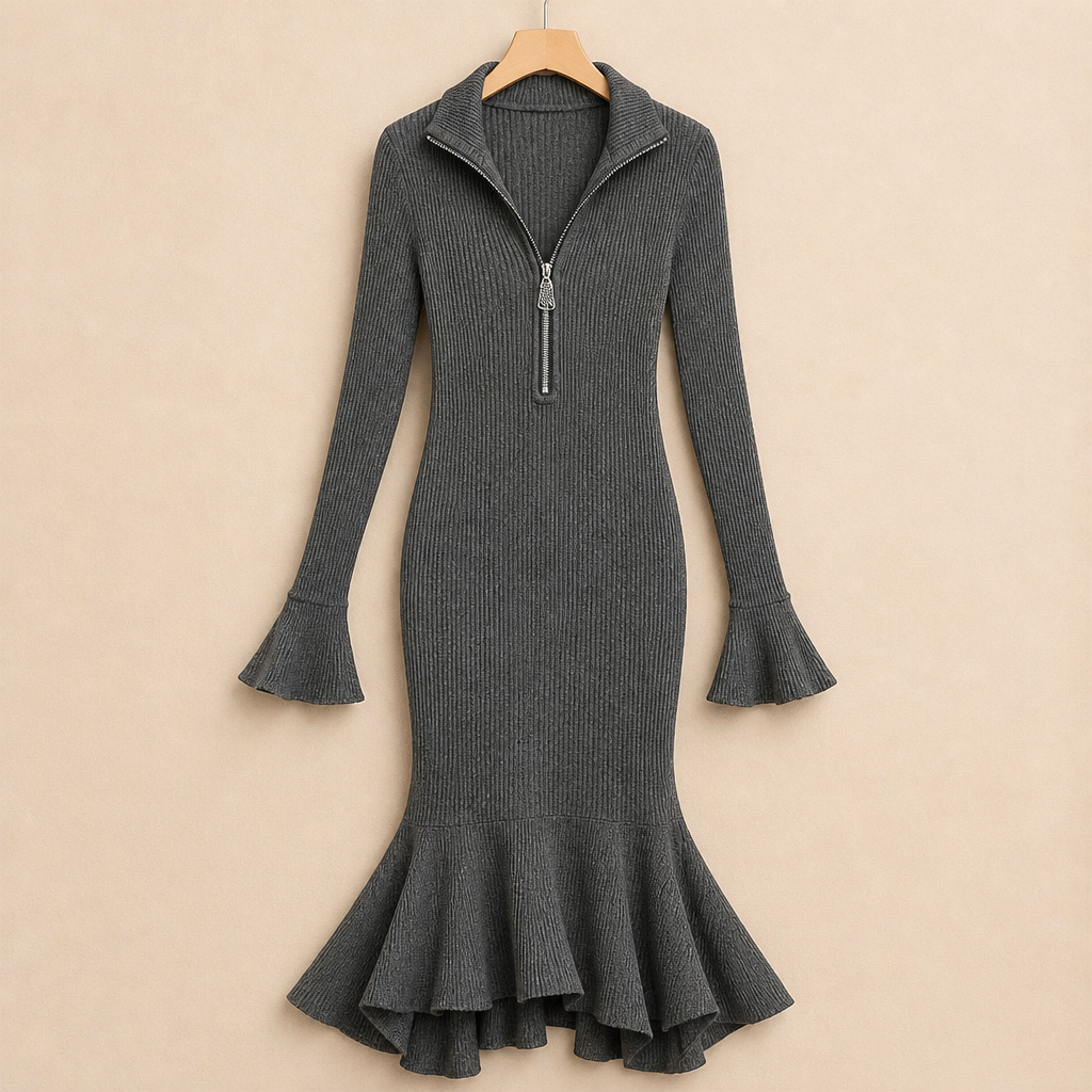 VelaFlex™ – Ribbed Knit Mermaid Midi Dress with Quarter-Zip Collar