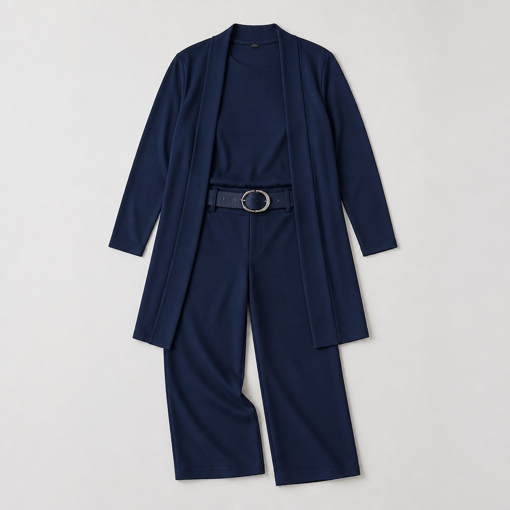 SculptEase™ – Elegant 3-Piece Knit Set with Long Cardigan & Wide-Leg Pants
