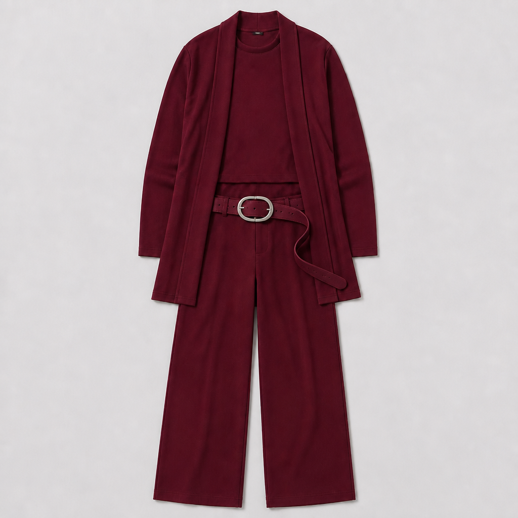 SculptEase™ – Elegant 3-Piece Knit Set with Long Cardigan & Wide-Leg Pants