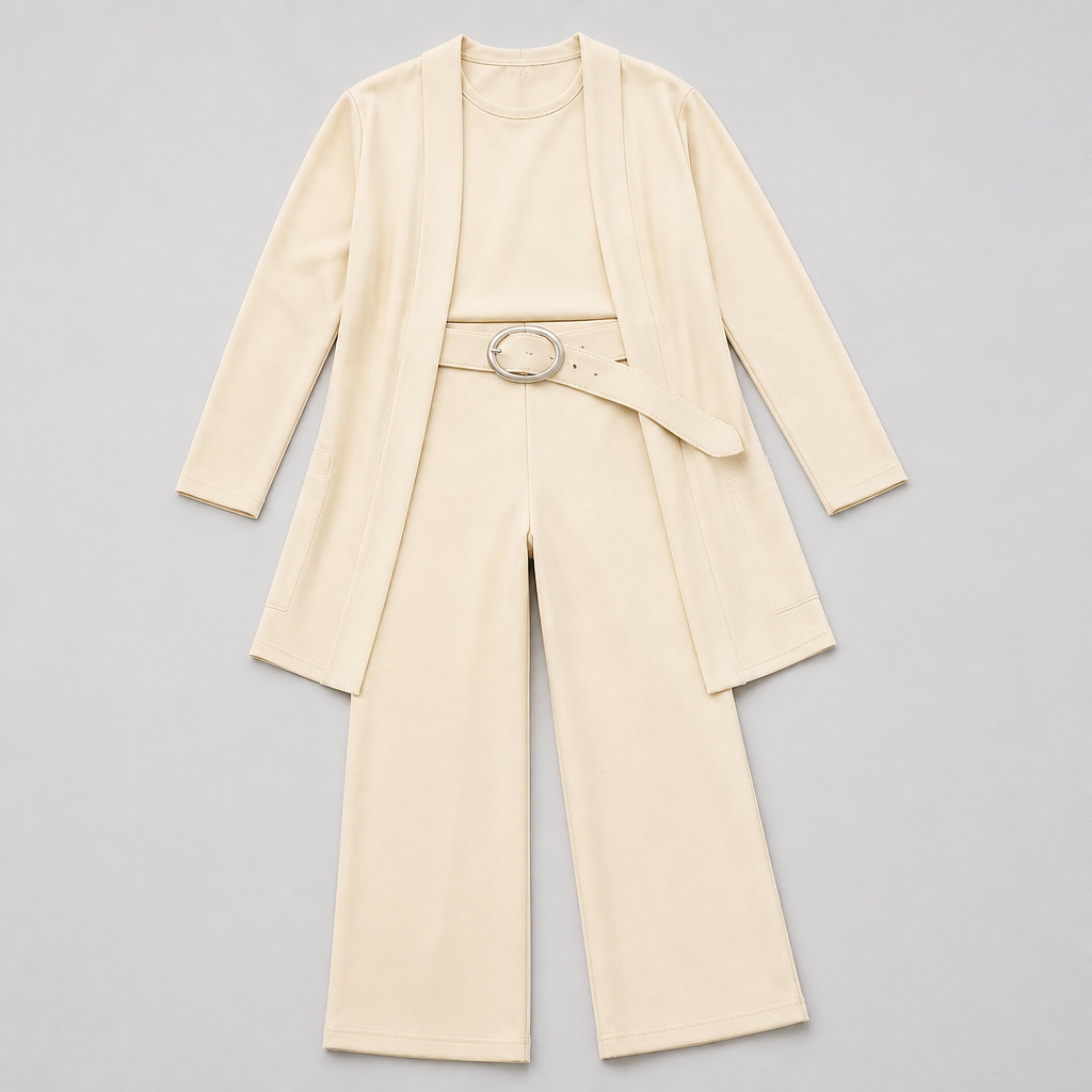 SculptEase™ – Elegant 3-Piece Knit Set with Long Cardigan & Wide-Leg Pants
