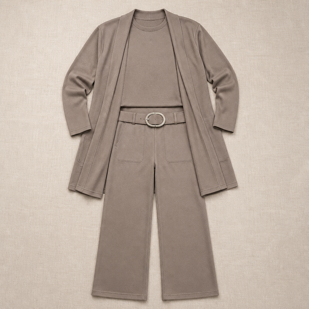 SculptEase™ – Elegant 3-Piece Knit Set with Long Cardigan & Wide-Leg Pants