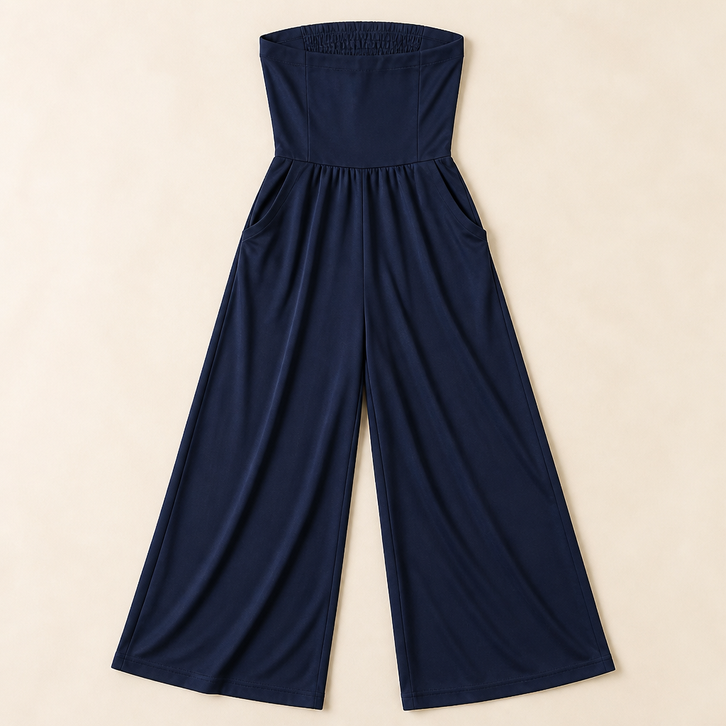 LuminaWear™ – Elegant Strapless Wide-Leg Jumpsuit with Smocked Back