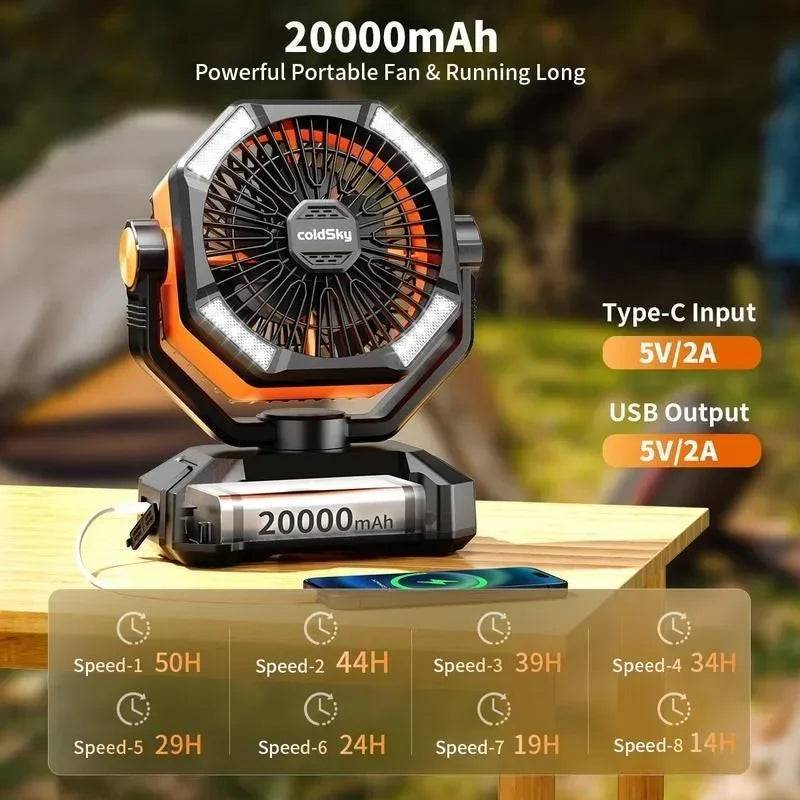 Camping Fan with 20000mAh Battery and Integrated LED Light