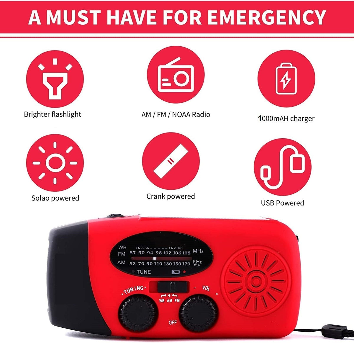 Emergency Solar-Powered Hand Crank Radio with NOAA Weather Alerts