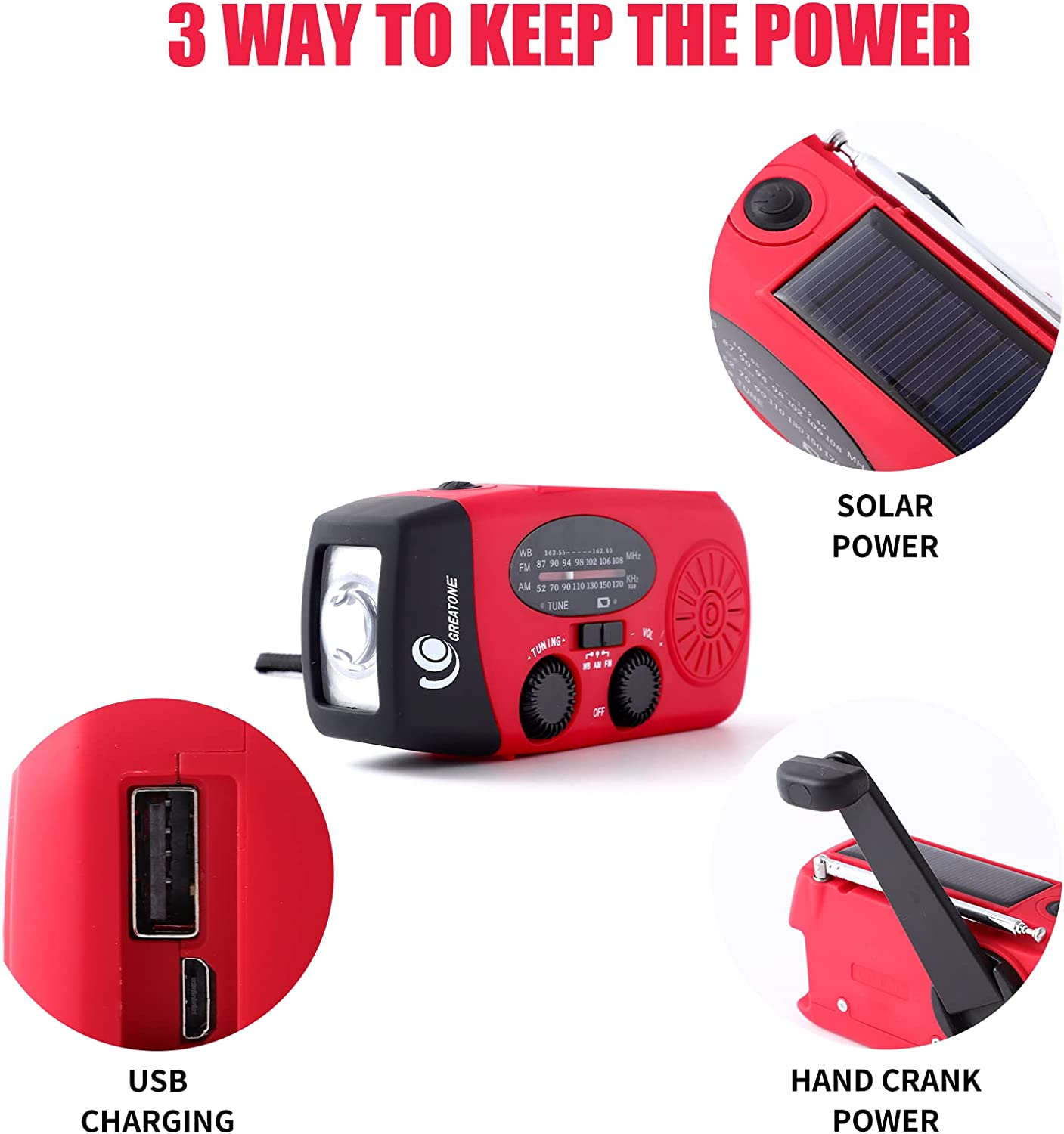 Emergency Solar-Powered Hand Crank Radio with NOAA Weather Alerts