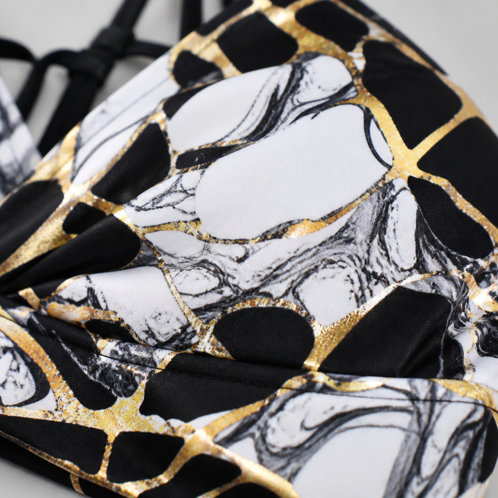 Marenza™ – High-Waisted Marble Bikini Set with Multi-Strap V-Neck Top