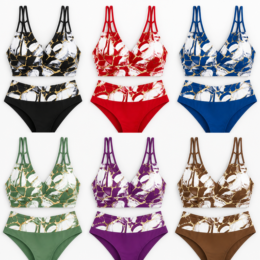 Marenza™ – High-Waisted Marble Bikini Set with Multi-Strap V-Neck Top