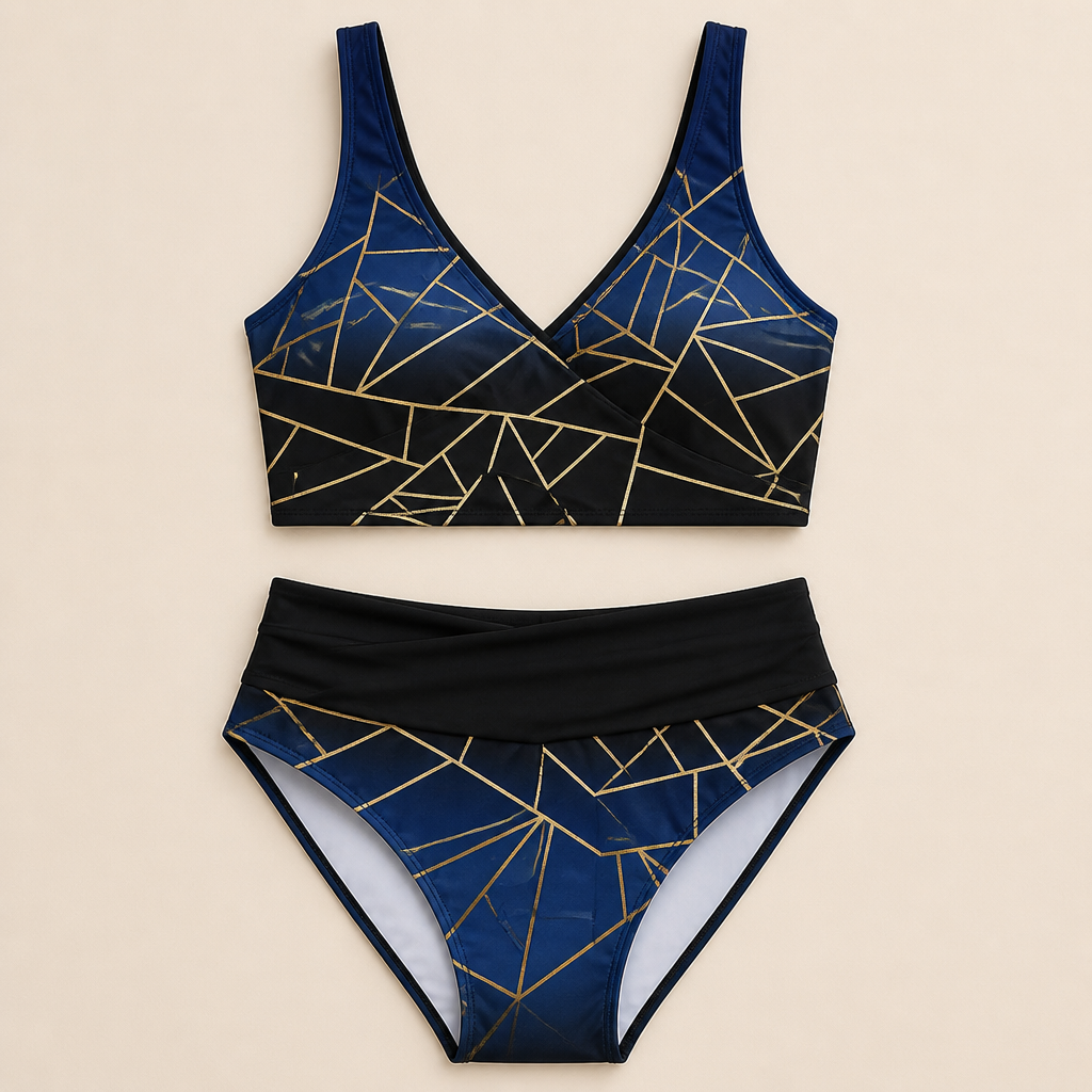 Mosaira™ – Geometric Ombre High-Waist Bikini Set with Crossover Top