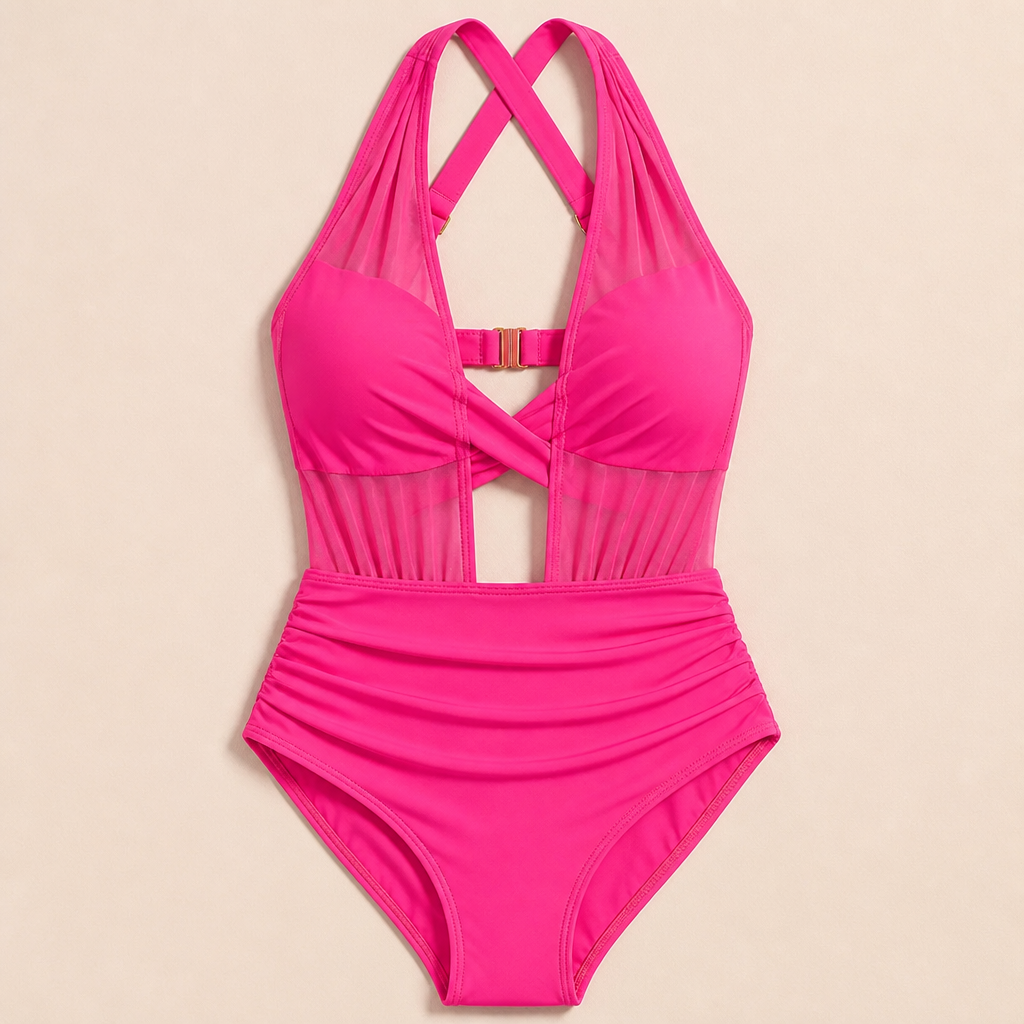 VelaMist™ – Sculpting High-Waist Mesh One-Piece Swimsuit with Twist Front