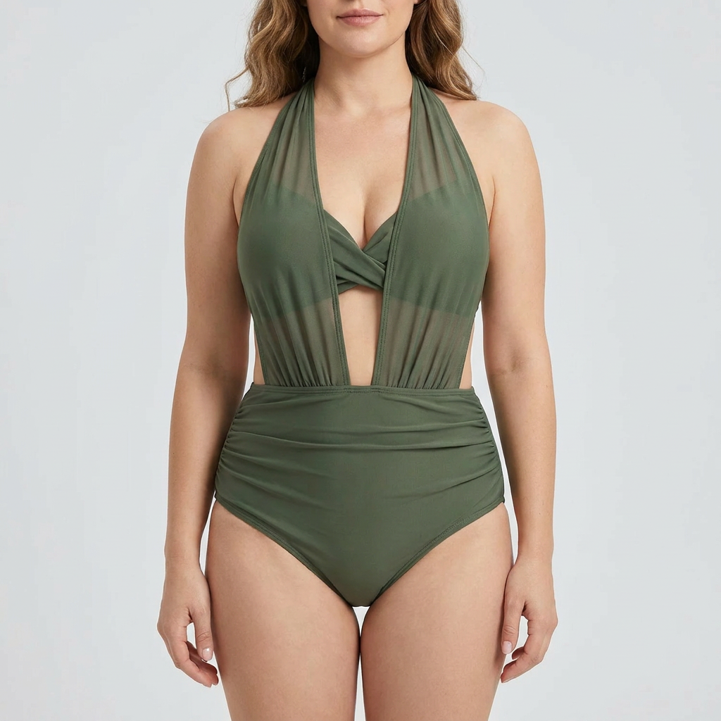 VelaMist™ – Sculpting High-Waist Mesh One-Piece Swimsuit with Twist Front