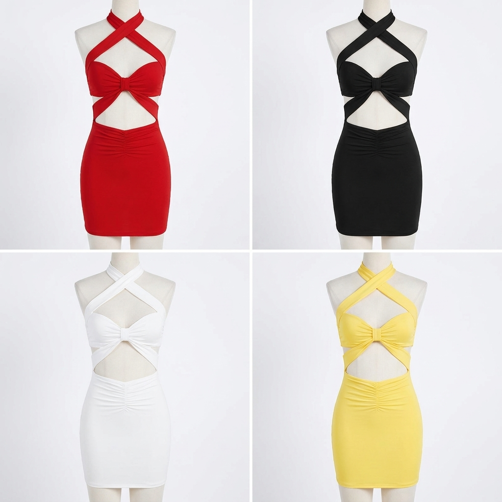 VioraVibe™ – Crossover Halter Cut-Out Bodycon Mini Dress