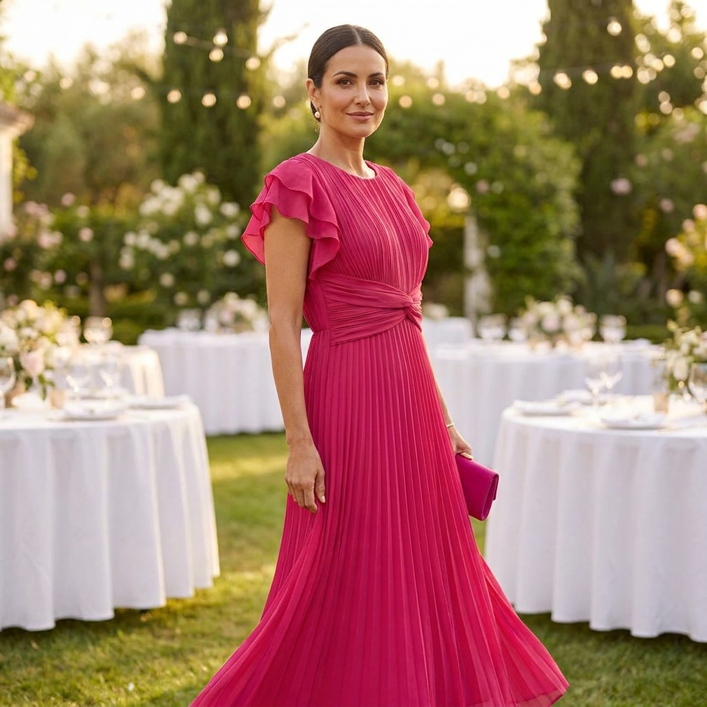 Seluria™ – Flutter-Sleeve Pleated Maxi Dress with Twist-Front Waist