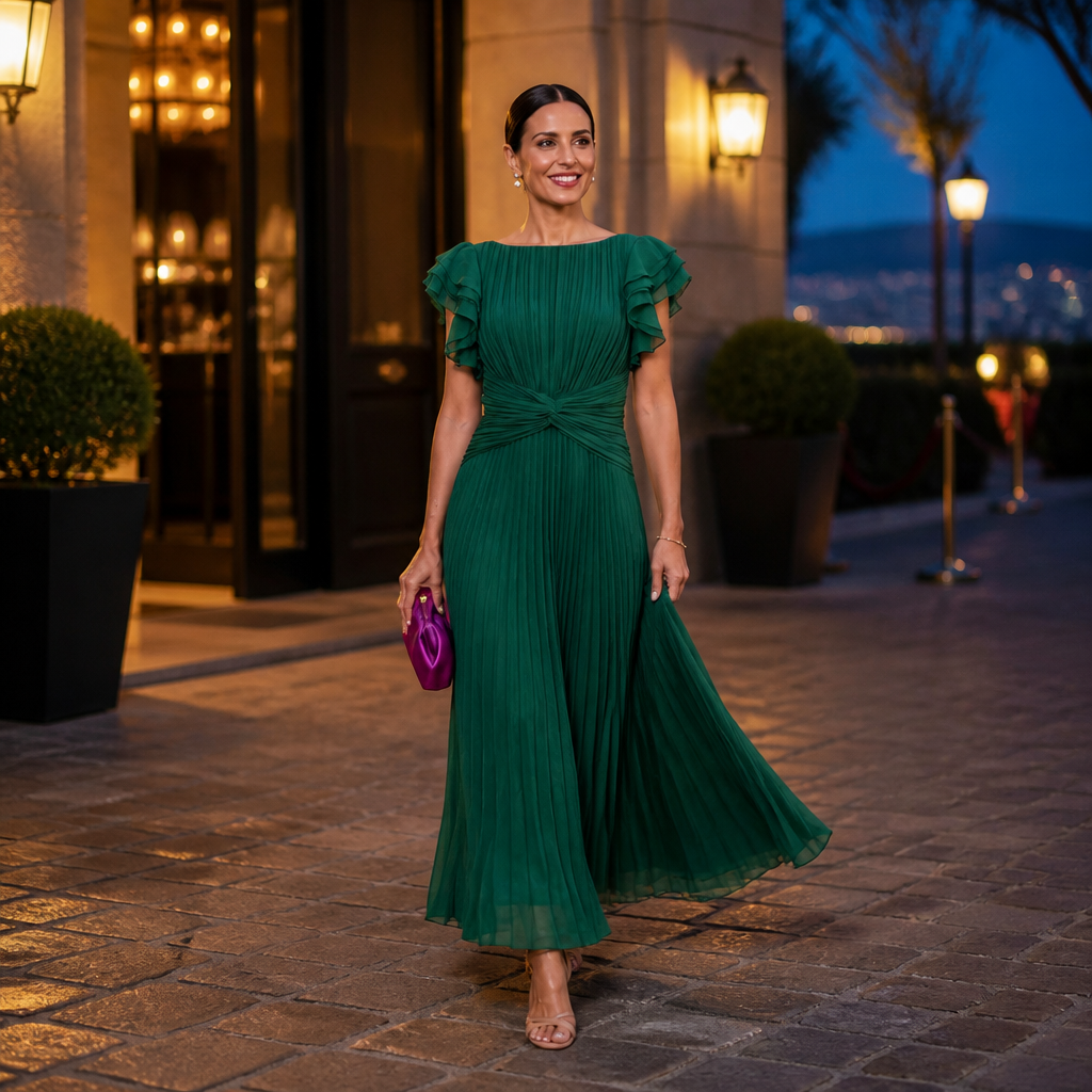 Seluria™ – Flutter-Sleeve Pleated Maxi Dress with Twist-Front Waist