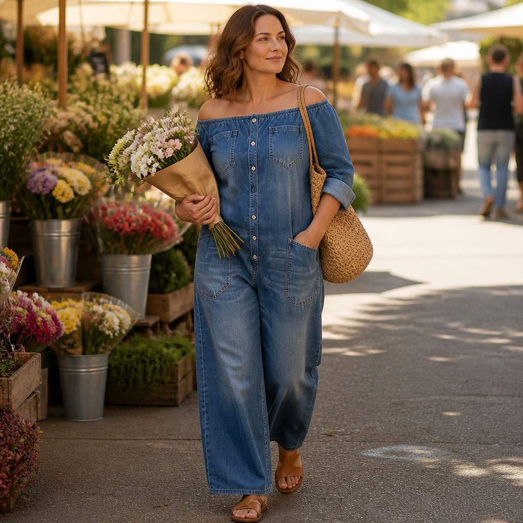 SolsticeWave™ – Off-Shoulder Wide-Leg Denim Jumpsuit with Button-Front Placket