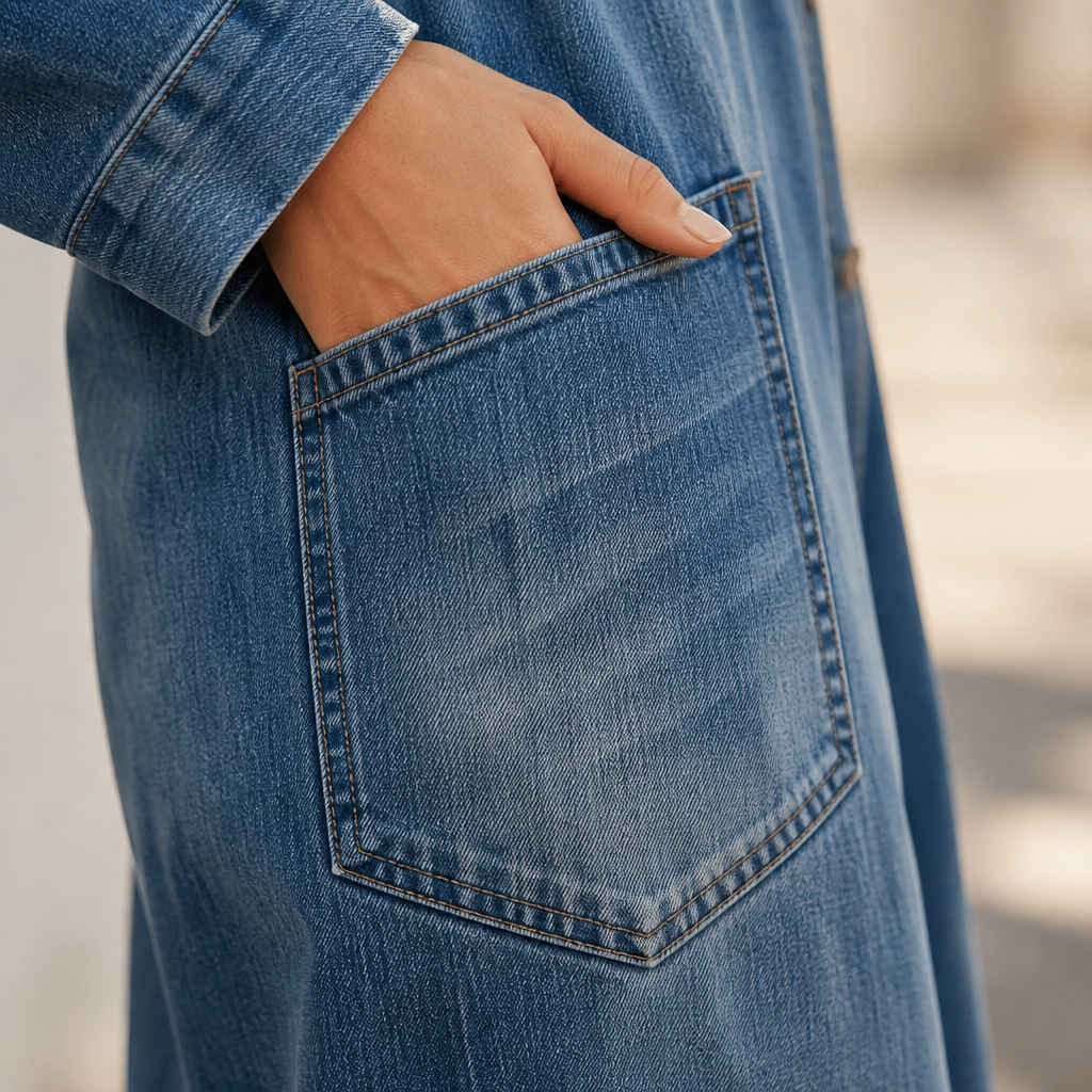 SolsticeWave™ – Off-Shoulder Wide-Leg Denim Jumpsuit with Button-Front Placket