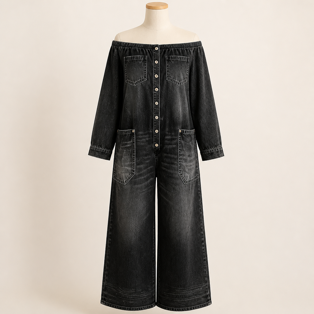 SolsticeWave™ – Off-Shoulder Wide-Leg Denim Jumpsuit with Button-Front Placket
