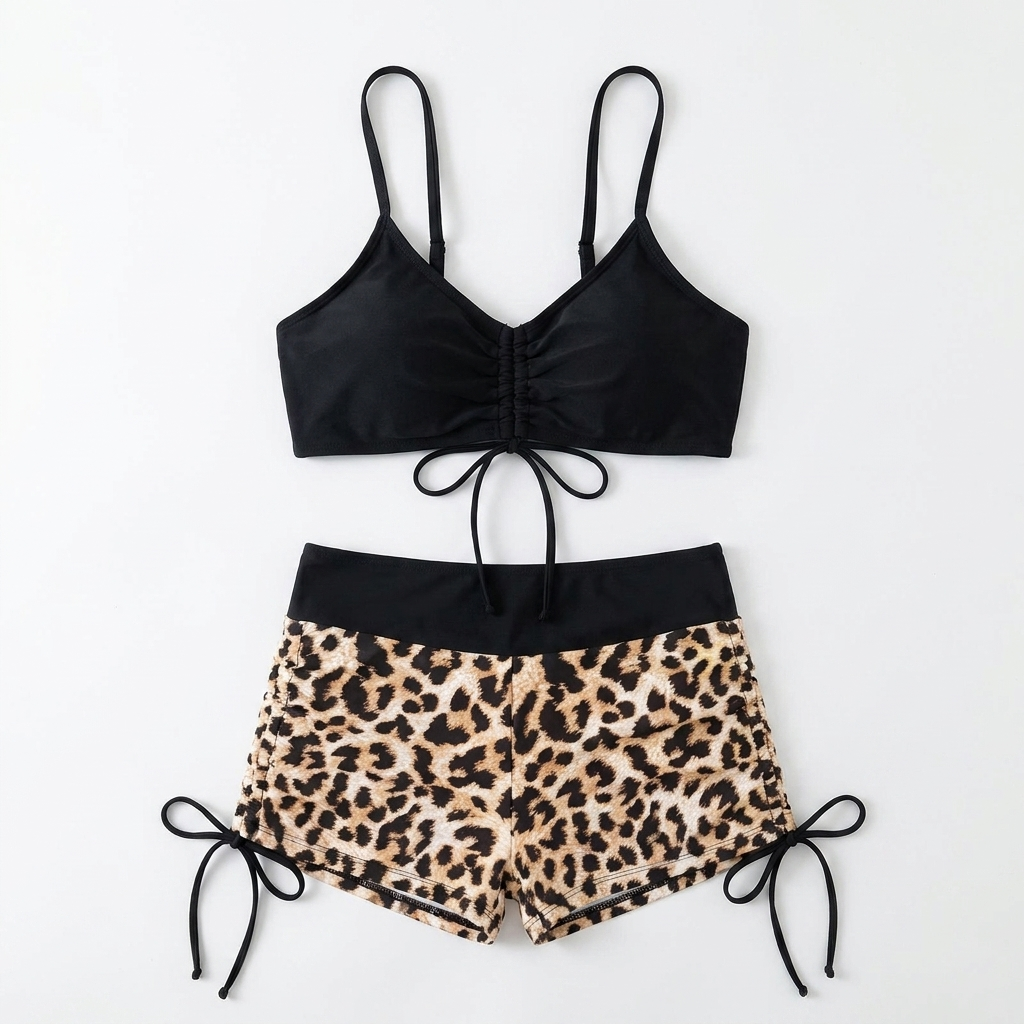 MirageCove™ – High-Waist Boyshort Bikini Set with Adjustable Side Drawstrings