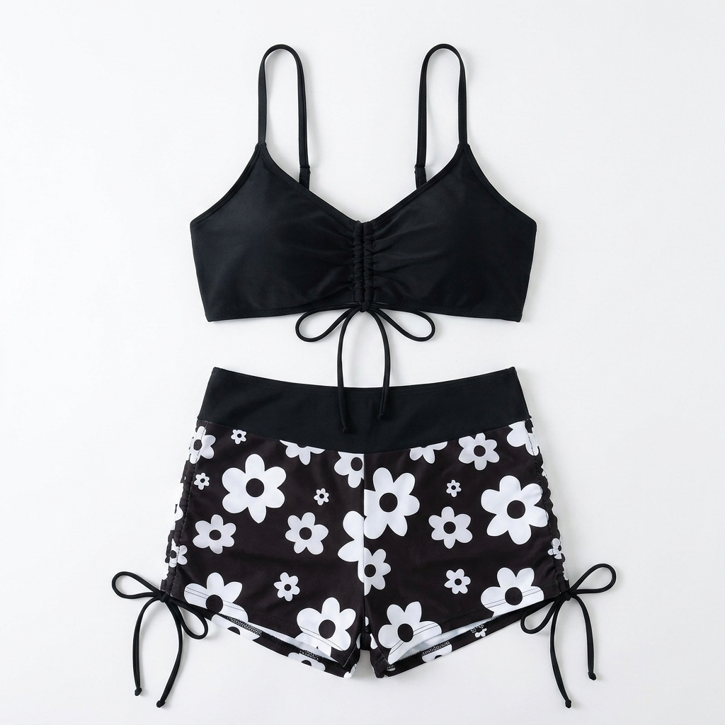 MirageCove™ – High-Waist Boyshort Bikini Set with Adjustable Side Drawstrings