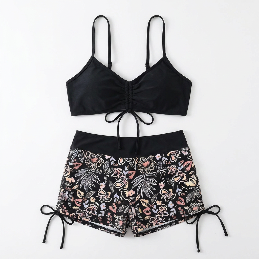 MirageCove™ – High-Waist Boyshort Bikini Set with Adjustable Side Drawstrings