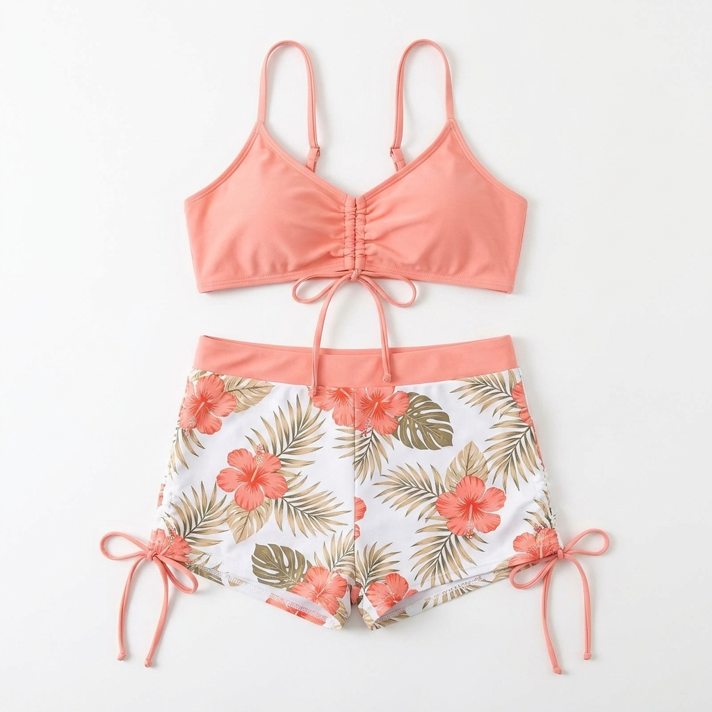 MirageCove™ – High-Waist Boyshort Bikini Set with Adjustable Side Drawstrings