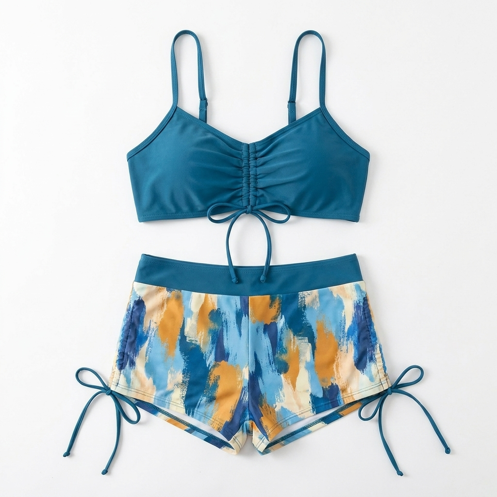 MirageCove™ – High-Waist Boyshort Bikini Set with Adjustable Side Drawstrings