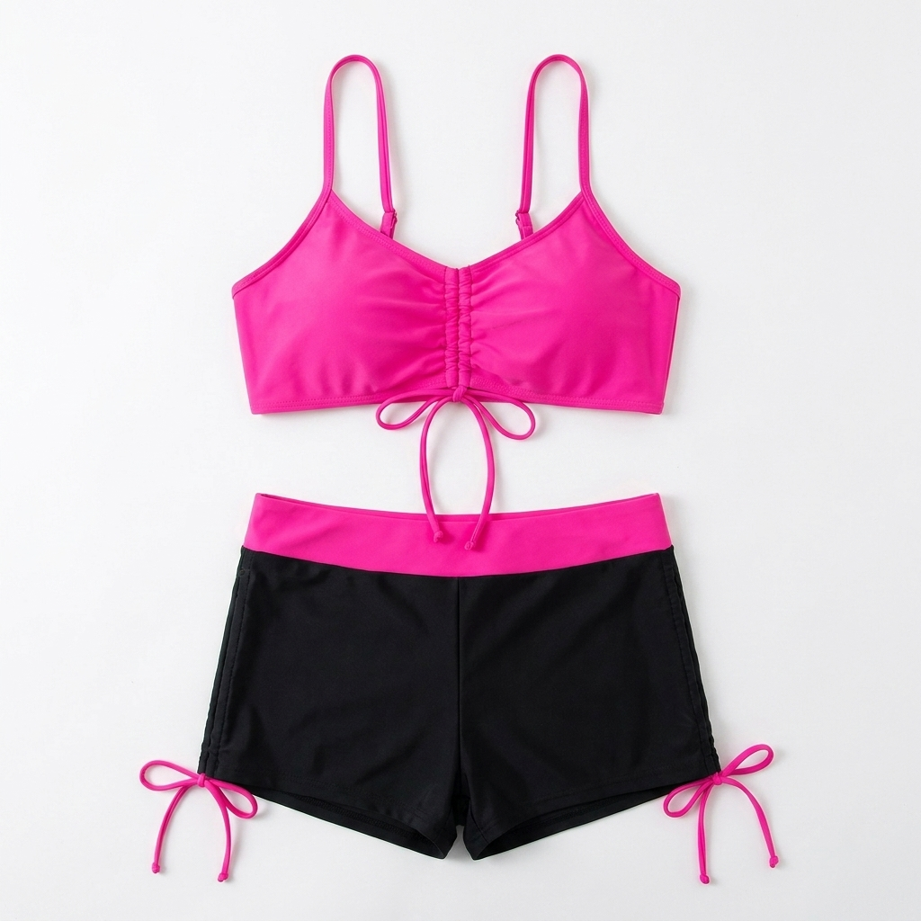 MirageCove™ – High-Waist Boyshort Bikini Set with Adjustable Side Drawstrings