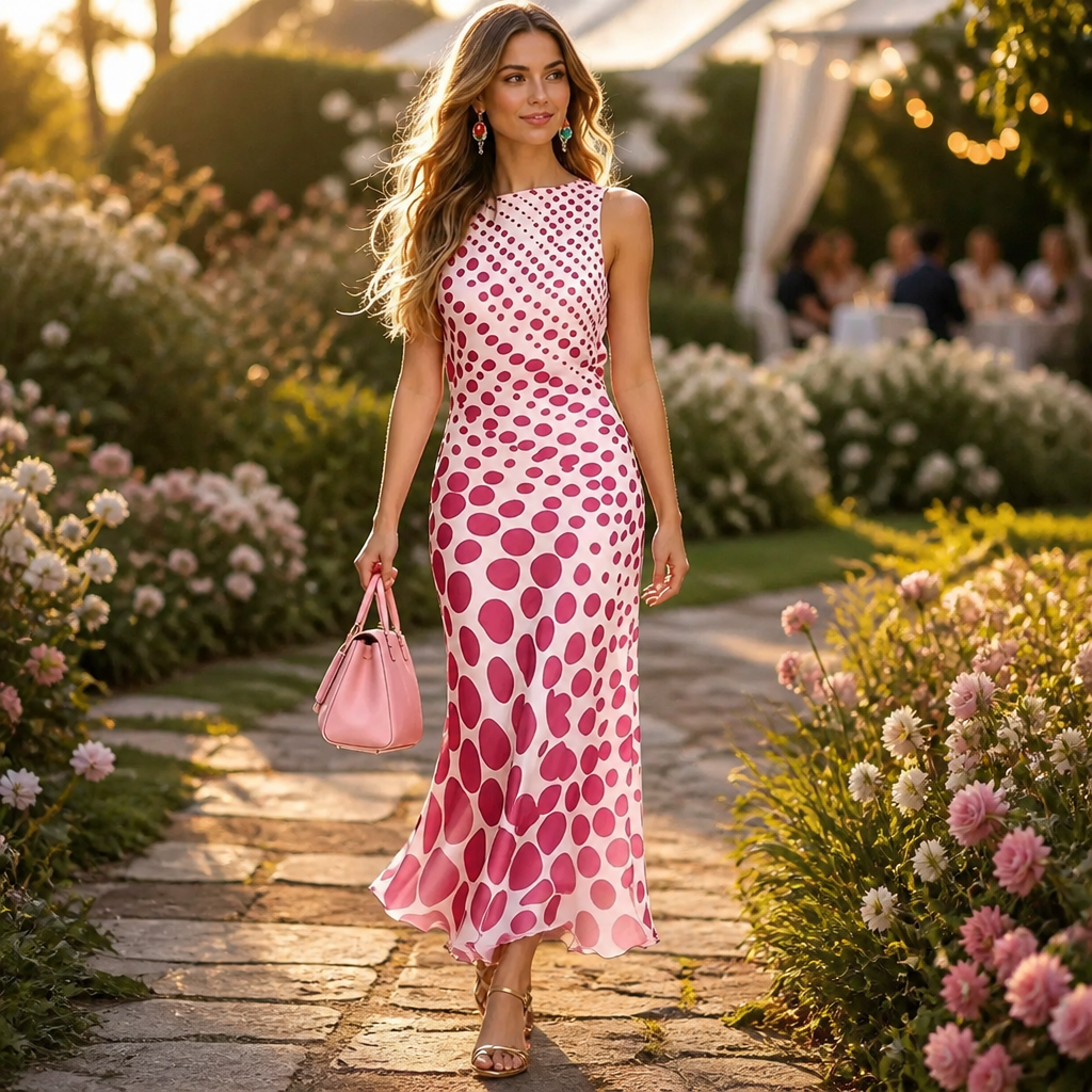 RosetteAura™ – Flowy Bias-Cut Gradient Polka Dot Midi Dress