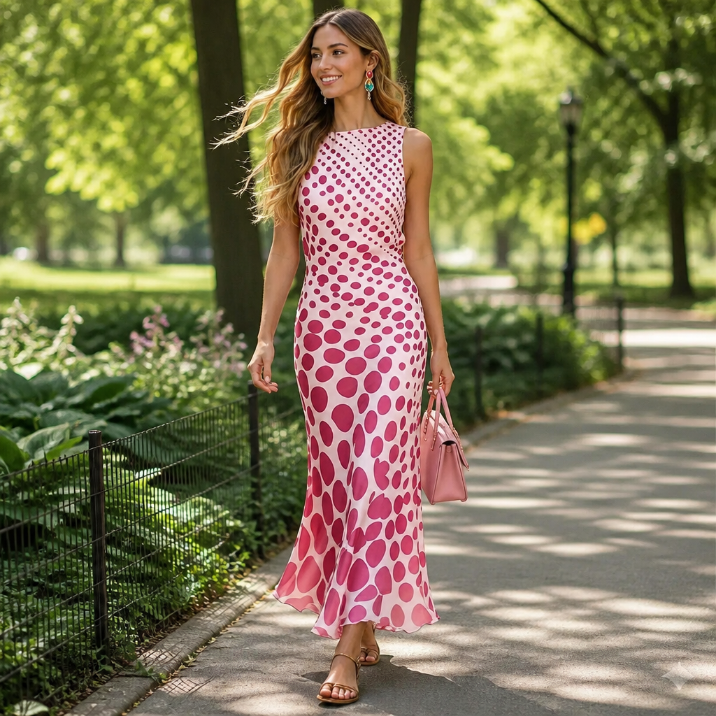 RosetteAura™ – Flowy Bias-Cut Gradient Polka Dot Midi Dress