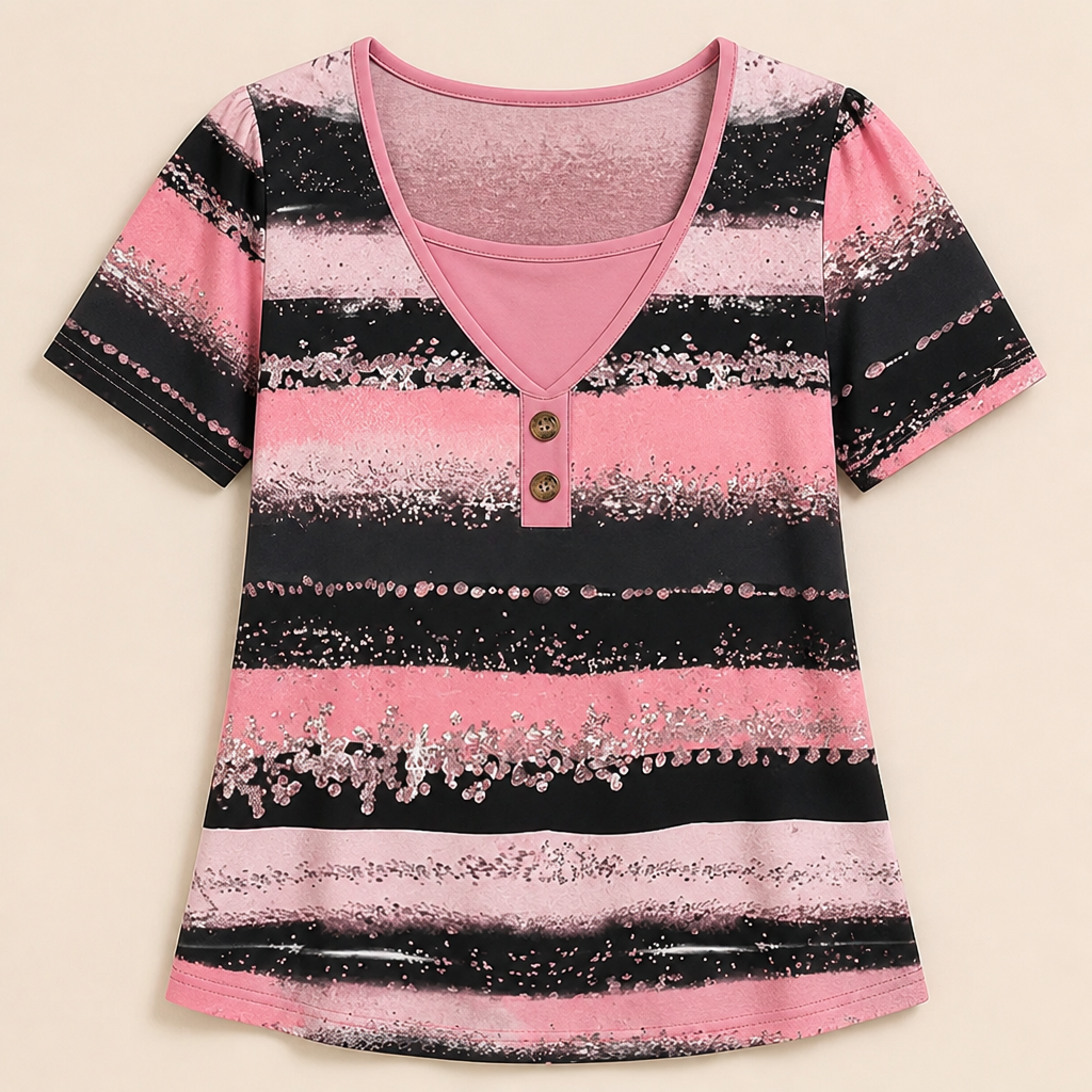 NovaLayer™ – Relaxed Faux Two-Piece Striped Henley Top with Shimmer Print