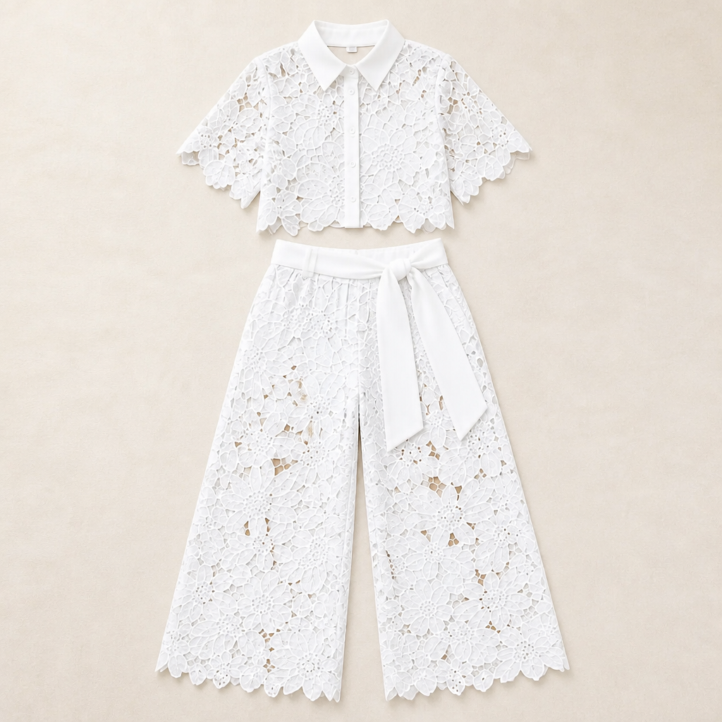 Vellorette™ – Scalloped Floral Lace Two-Piece Set with Tie-Sash Wide-Leg Pants