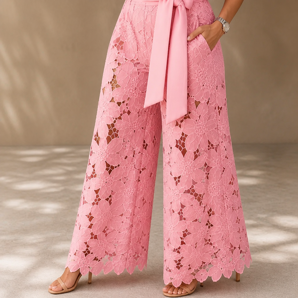 Vellorette™ – Scalloped Floral Lace Two-Piece Set with Tie-Sash Wide-Leg Pants
