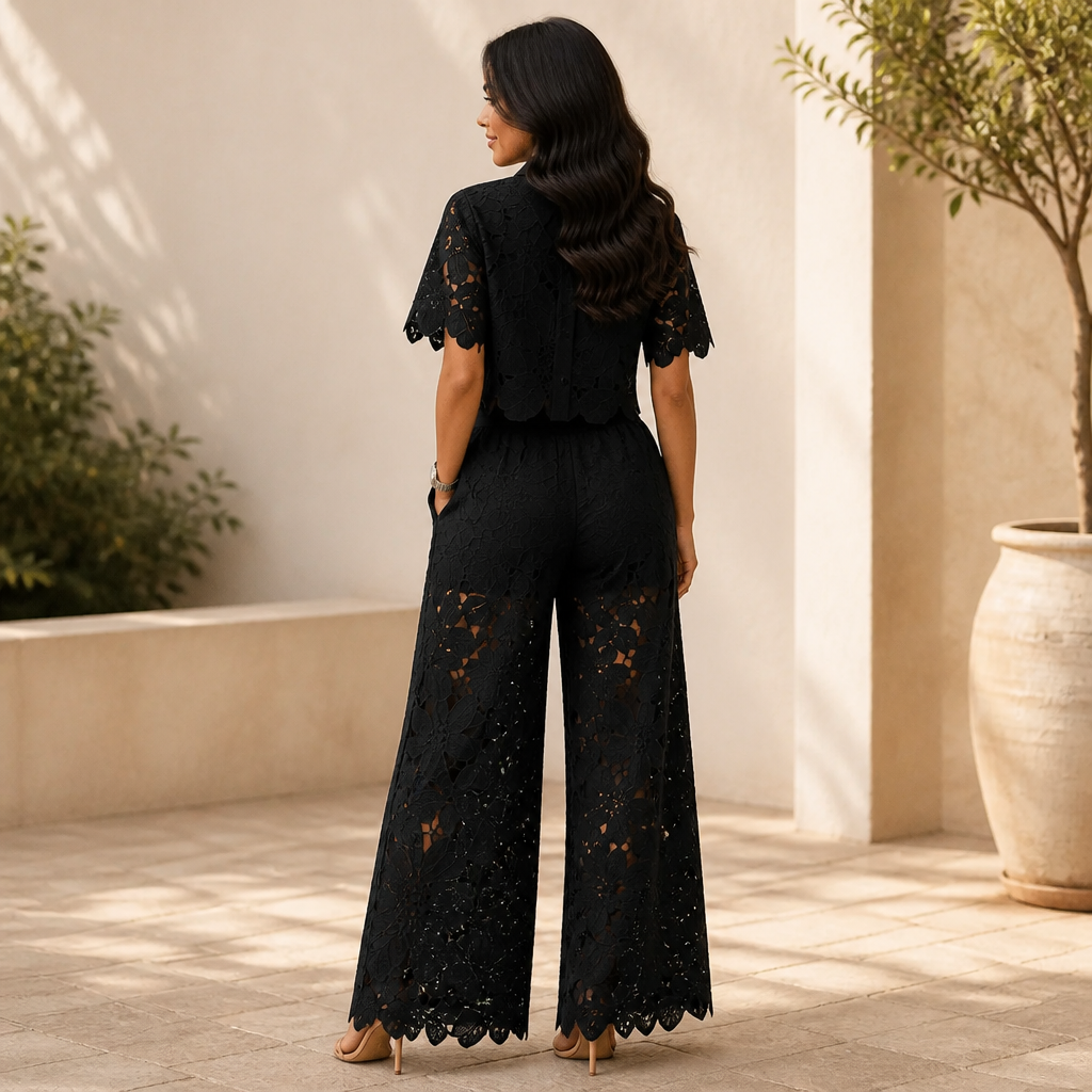 Vellorette™ – Scalloped Floral Lace Two-Piece Set with Tie-Sash Wide-Leg Pants