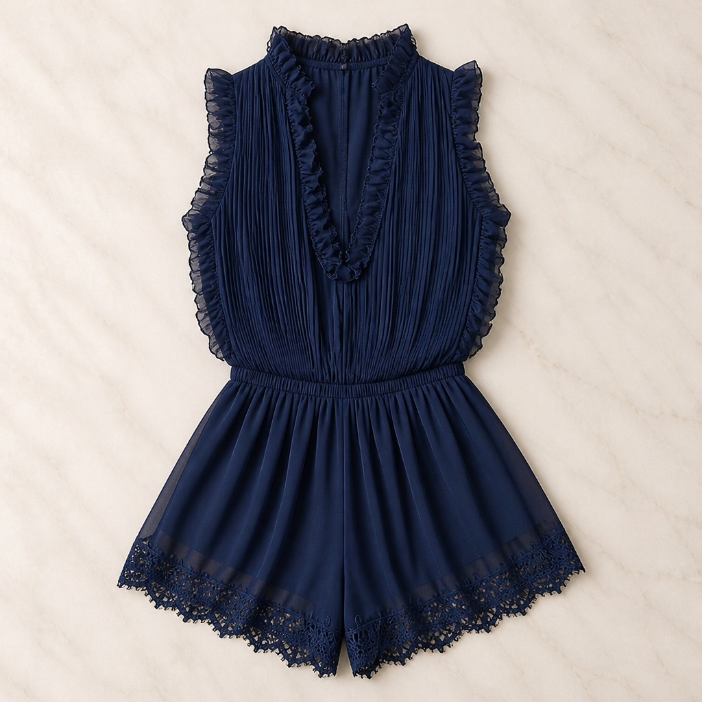 MidnightAura™ – Pleated Chiffon Lace-Trim Romper with Plunging Ruffle Neckline