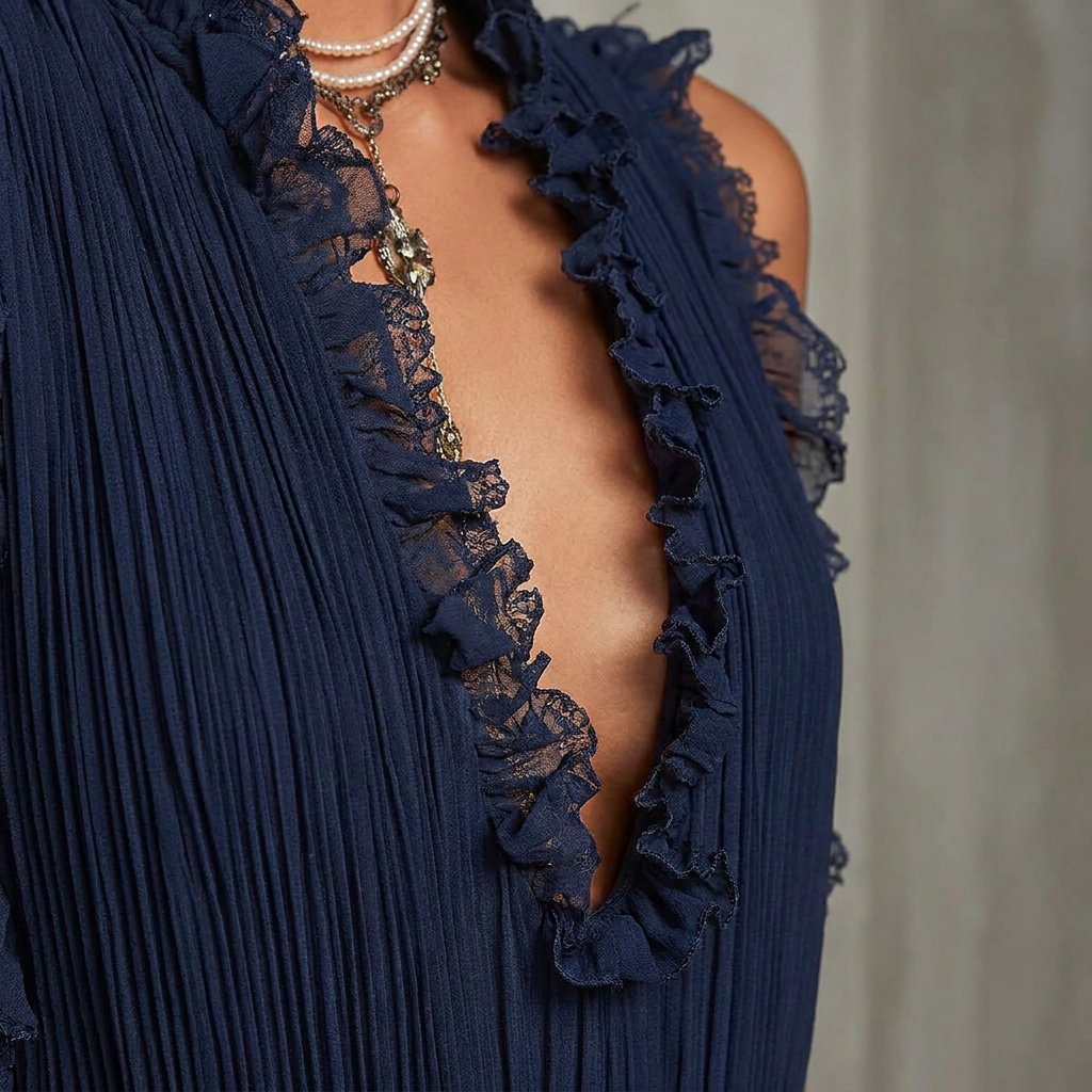 MidnightAura™ – Pleated Chiffon Lace-Trim Romper with Plunging Ruffle Neckline