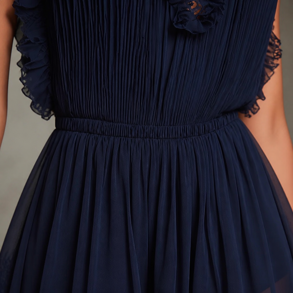 MidnightAura™ – Pleated Chiffon Lace-Trim Romper with Plunging Ruffle Neckline