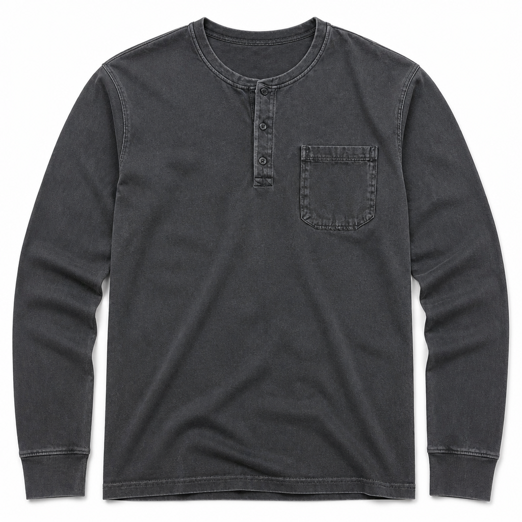 VeroVibe™ – Vintage Washed Long Sleeve Henley with Chest Pocket