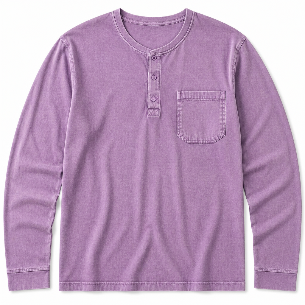 VeroVibe™ – Vintage Washed Long Sleeve Henley with Chest Pocket