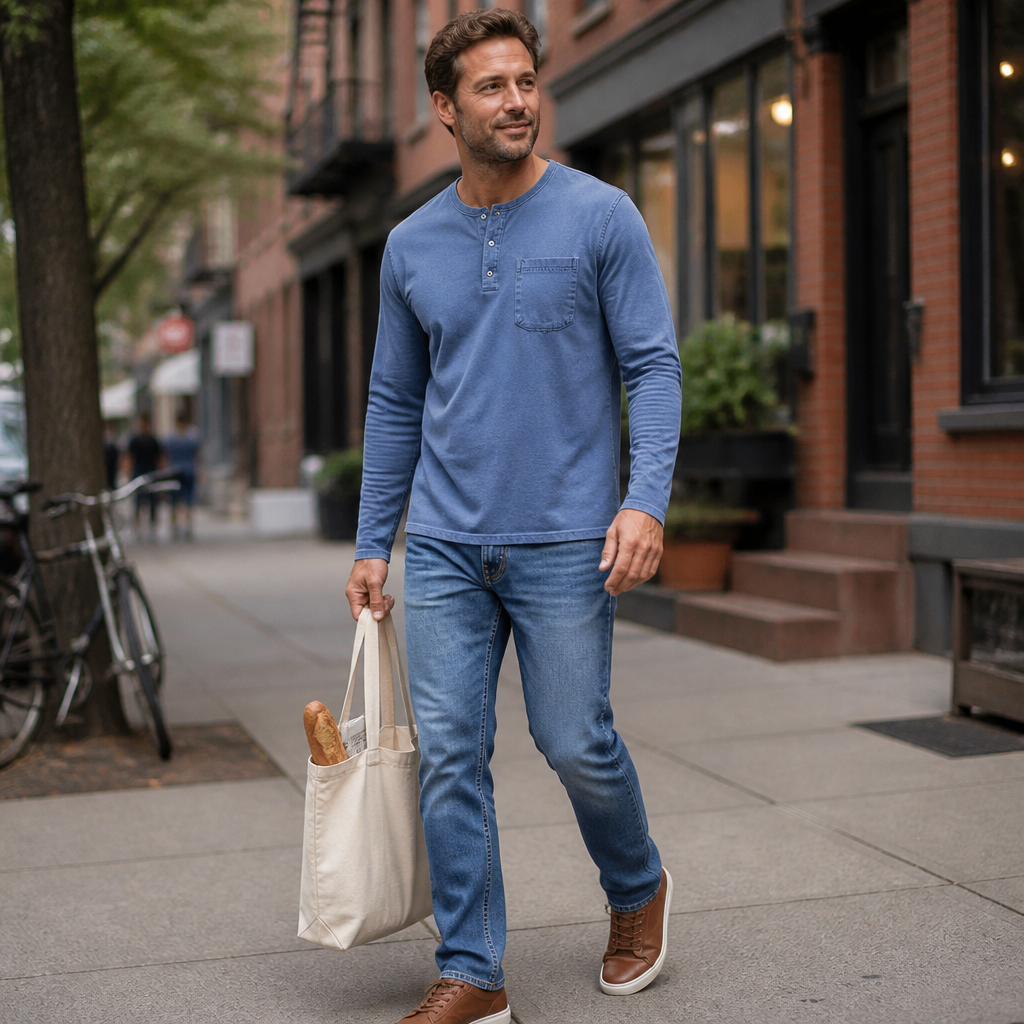 VeroVibe™ – Vintage Washed Long Sleeve Henley with Chest Pocket