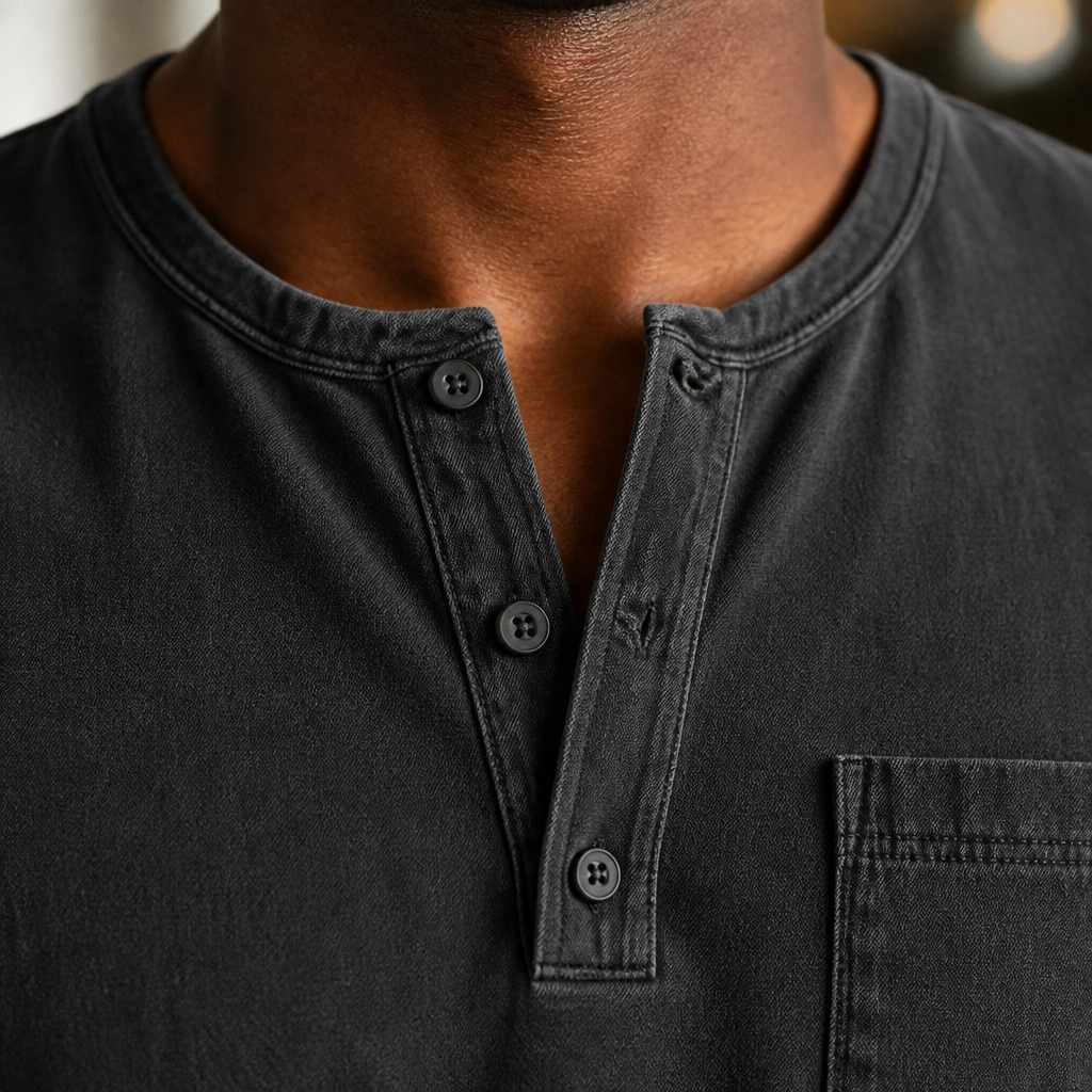 VeroVibe™ – Vintage Washed Long Sleeve Henley with Chest Pocket