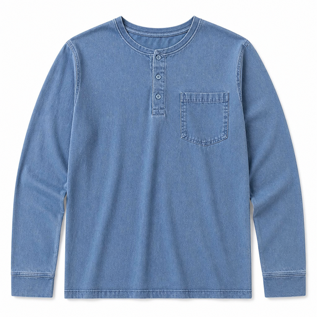 VeroVibe™ – Vintage Washed Long Sleeve Henley with Chest Pocket