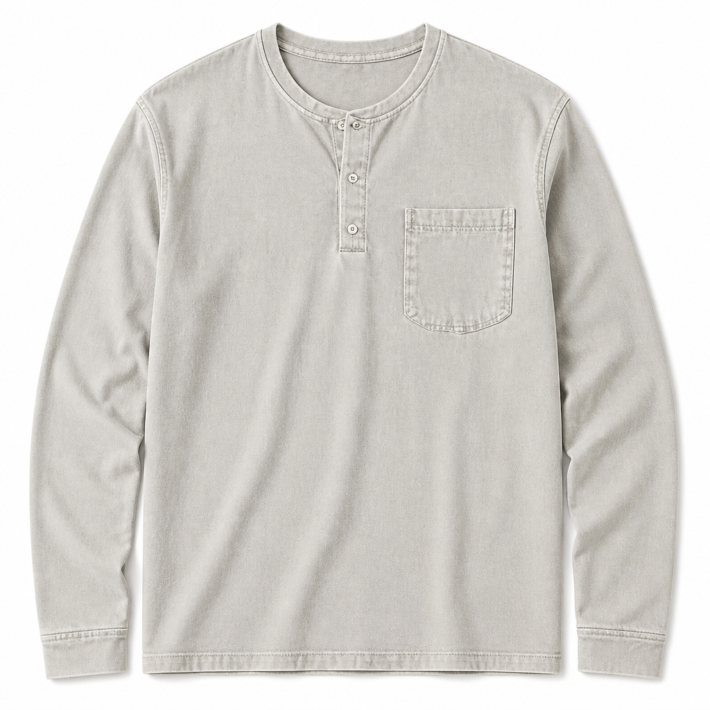 VeroVibe™ – Vintage Washed Long Sleeve Henley with Chest Pocket