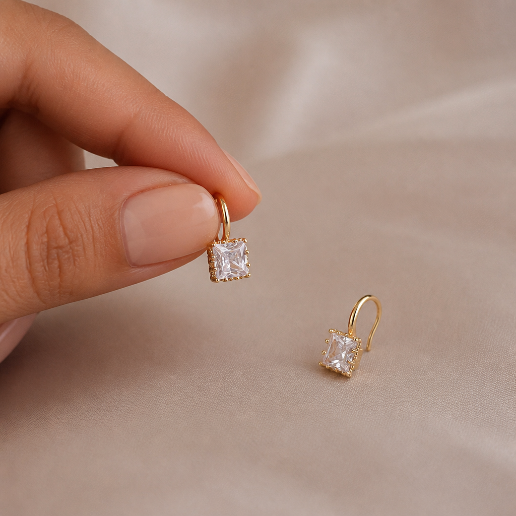 LumaLuxe™ – Dainty Square-Cut Crystal Drop Earrings in Gold