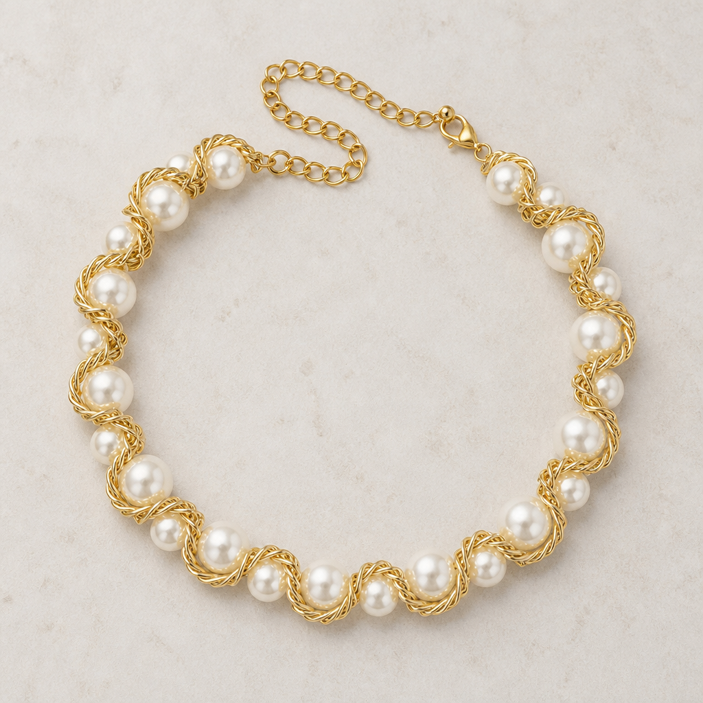 LumaChic™ – Chunky Pearl Choker with Twisted Gold Wire Detail